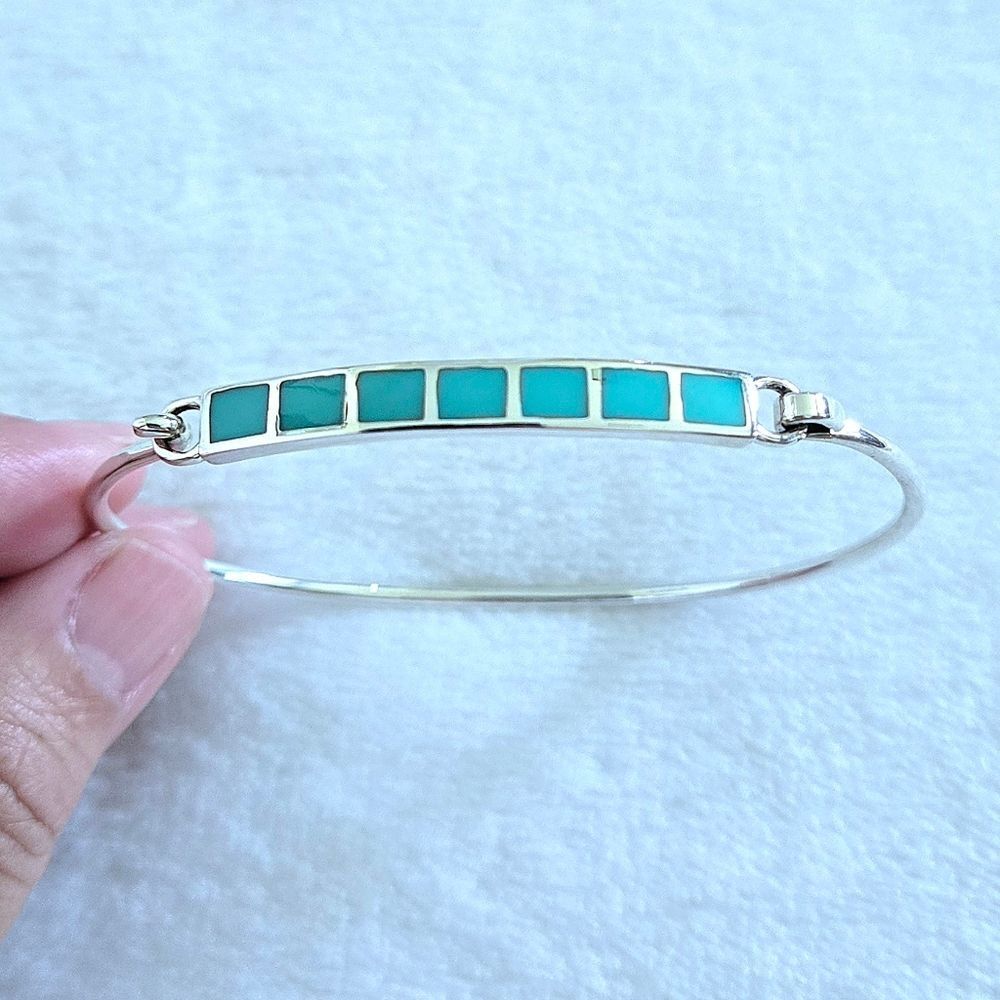 Taxco Sterling Silver🤍 Sleeping Beauty Turquoise🩵 Squares Flush Inlay Bracelet - Picture 10 of 16